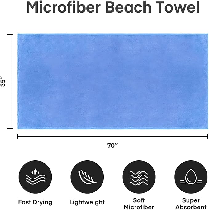 JML Microfiber Bath Towels, Bath Sheet 2 Pack 35" x 70", Oversized, Soft, Super Absorbent and Fast Drying, Extra Large Bathroom Towels for Body, Sports, Fitness, Yoga, Blue