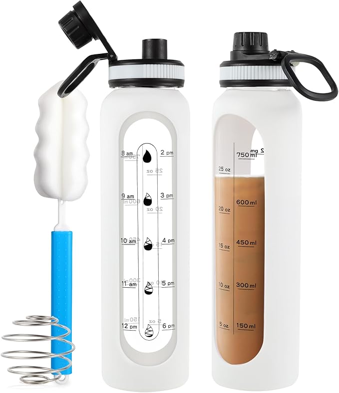 Glass Shaker Bottle 34oz/1L White Glass Protein Shaker Bottle With Shaker Ball Large Shaker Bottles for Protein Mixes Portable Powder Mixer Blender Water Bottle for Gym Workout Sports