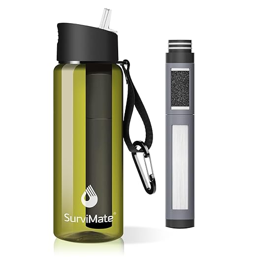 Survimate 5-Stage 0.01μm Ultra-Filtration Filtered Water Bottle, BPA-Free Material, NSF/ANSI 42&372 Certified, Portable Water Filter Bottle for Survival, Camping, Hiking, and Emergency Use