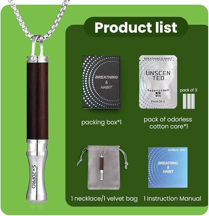 Breathing Necklace to Quit Smoking, Wood Breathing Necklace for Anxiety, Stress Relief, Stop Smoking, Includes Replaceable Unscented Cotton Filters