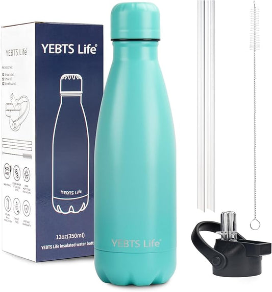 Insulated Water Bottle,12oz Stainless Steel Water Bottles with straw lid, Metal Sports Water Bottles for Boys,Girls, Double Wall Vacuum BPA-Free Flask for School, Sports & Travel-Turquoise