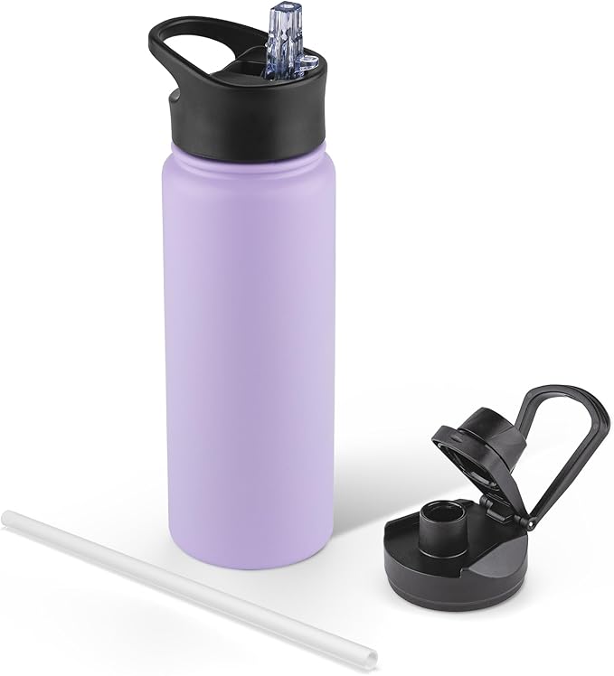 24 oz Insulated Water Bottle with Straw Lid & Wide Mouth Lids, Stainless Steel Sports Water Bottles, Double Walled Vacuum, Leak Proof, Purple