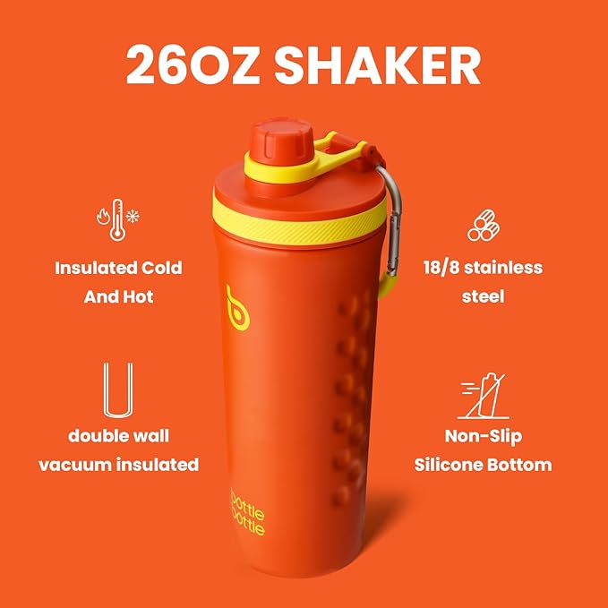 BOTTLE BOTTLE 26 oz Insulated Shaker Bottle Insulated Water Bottle for Men and Women Protein Shaker Bottles for Gym Water Cup orangered