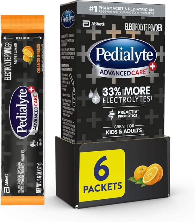 Pedialyte AdvancedCare Plus Electrolyte Powder, Has 33% More Electrolytes and PreActiv Prebiotics, Orange Breeze, 6 Powder Packets