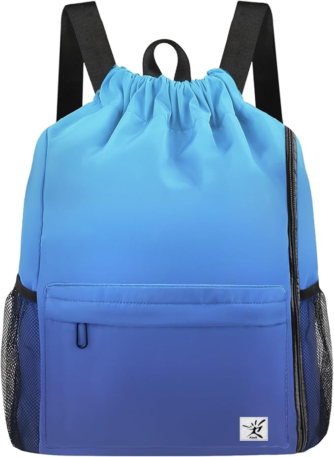 Drawstring Backpack with Mesh Pockets String Gym Bag Sackpack Sandproof Water Resistant Beach Backpack for Men Women