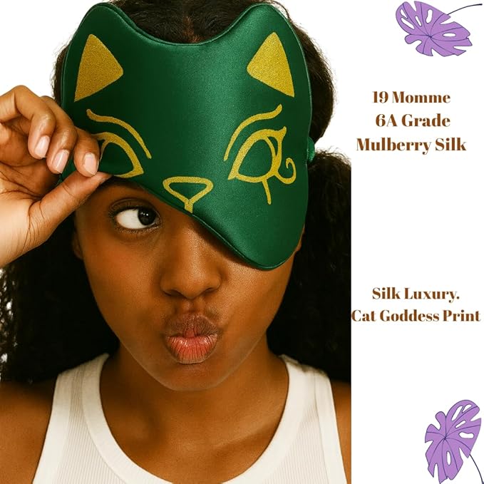 Silk Sleep Mask Blindfold Eye Mask for Sleep Cute Cat Print Embroidered Eye Cover Adjustable Oversized Egyptian Bastet with Gift Box&Pouch（Osiris Green-Elastic Strap）