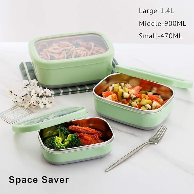 Lille Home Leak Proof Salad Container Stainless for Lunch - Snack Containers Steel - Ideal for Educational Settings & Daycare - Nesting Trio with Silicone Lids - 47oz+30oz+16oz - Blue