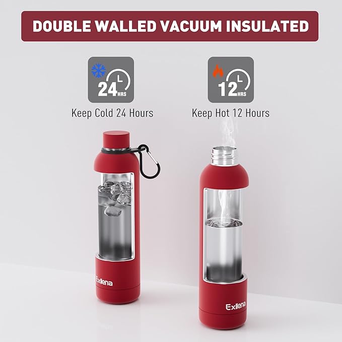 Slim Insulated Water Bottles for Travel 32oz with Clip, Double Wall Vacuum Stainless Steel Water Bottle Keeps Drinks Cold 24 Hrs/Hot 12 Hrs, 100% Leakproof, BPA Free（Red）