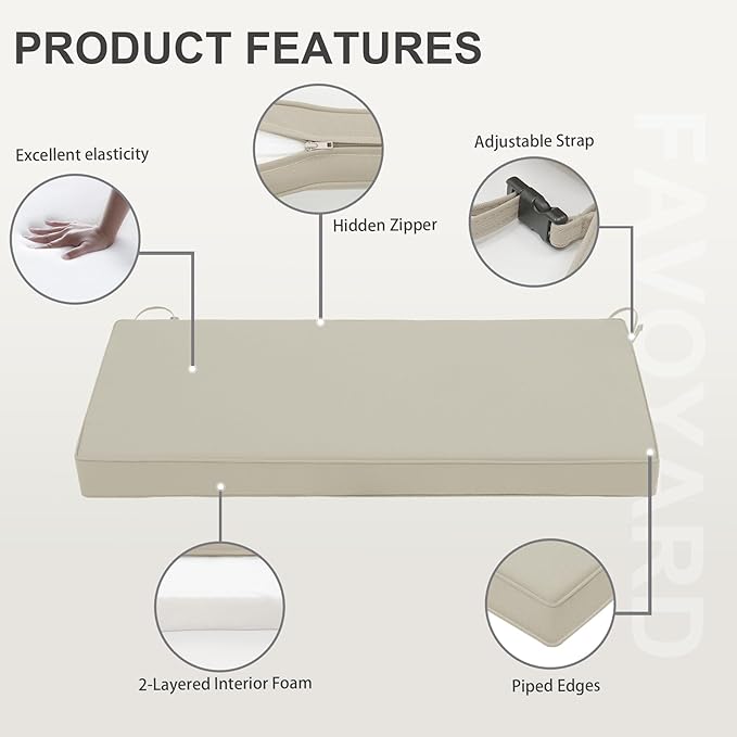 Favoyard Outdoor Bench Cushion 42 x 18 Inch Waterproof Patio Furniture Cushions 3-Year Color Fastness Garden Sofa Settee Couch Swing Pads with Handle and Adjustable Straps, Beige