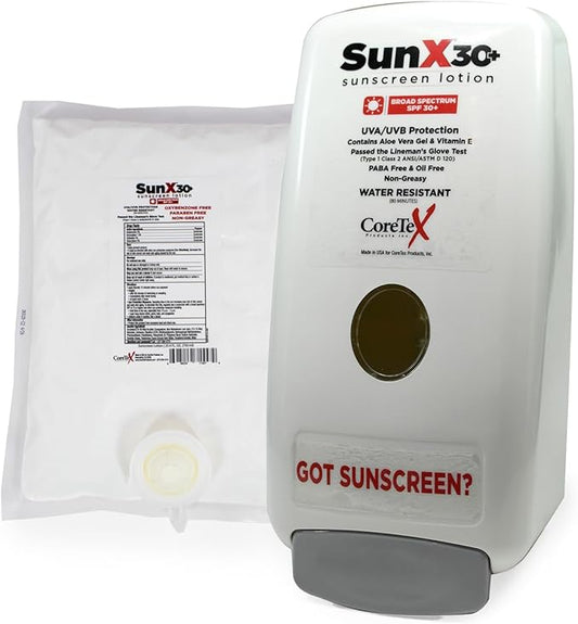 CoreTex Sun X 30+ 750mL Sunscreen Lotion Bladder & Wall Mount Dispenser - Paraben, Oxybenzone, Octinoxate, & Oil Free - Broad Spectrum (UVA/UVB) Sunscreen - Water & Sweat Resistant Up to 80 Minutes