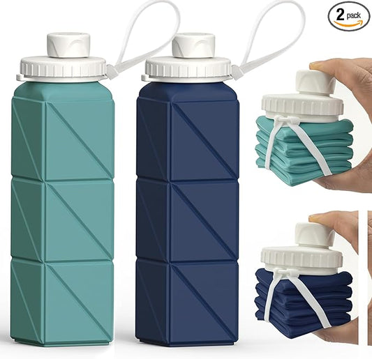 Collapsible Water Bottles 20.6oz 2 Pack, Silicone Foldable Portable Travel Water Bottle, Lightweight Reusable Leakproof for Traveling Camping Hiking Cycling Sports Outdoor (Blue+Darkblue)