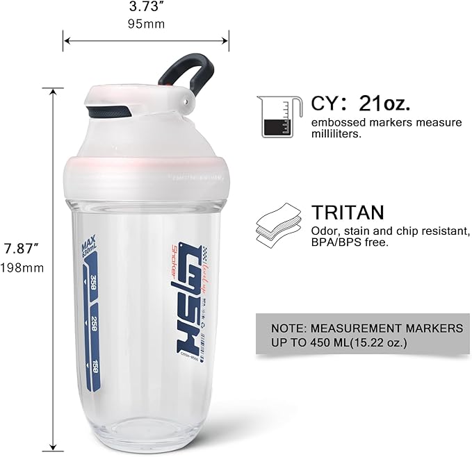 20 oz protein shaker bottle, TRITAN Plastic, BPA/BPS Free Whey Protein Drink Cups for Pre-Workout and Gym, Blender Shaker for Blending Protein Shakes, Overnight Oats and Smoothies (white)