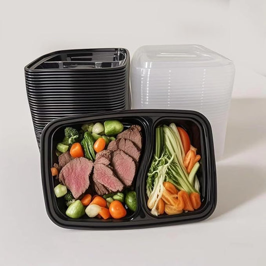 100pc 28 Oz 2-Grid Meal Prep Containers disposable, Plastic Food Take Out Containers With Lid, Take Out Containers Disposable, Reusable food storage containers,Microwave Freezer Dishwasher Safe