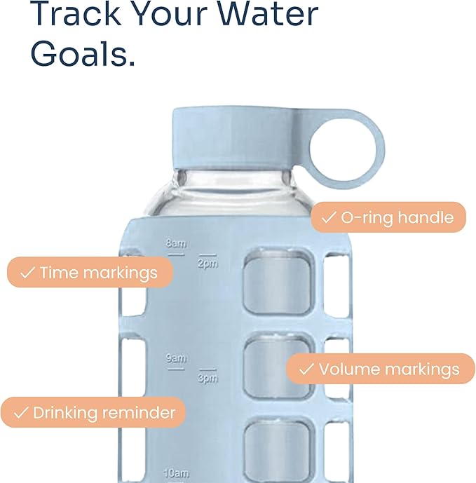 purifyou 40oz / 32oz / 22oz / 12oz Borosilicate Glass Water Bottle with Time & Volume Markers, Silicone Sleeve, Stainless Steel Lid | Reusable Glass Bottle for Water & Juice (32oz Ice Blue)