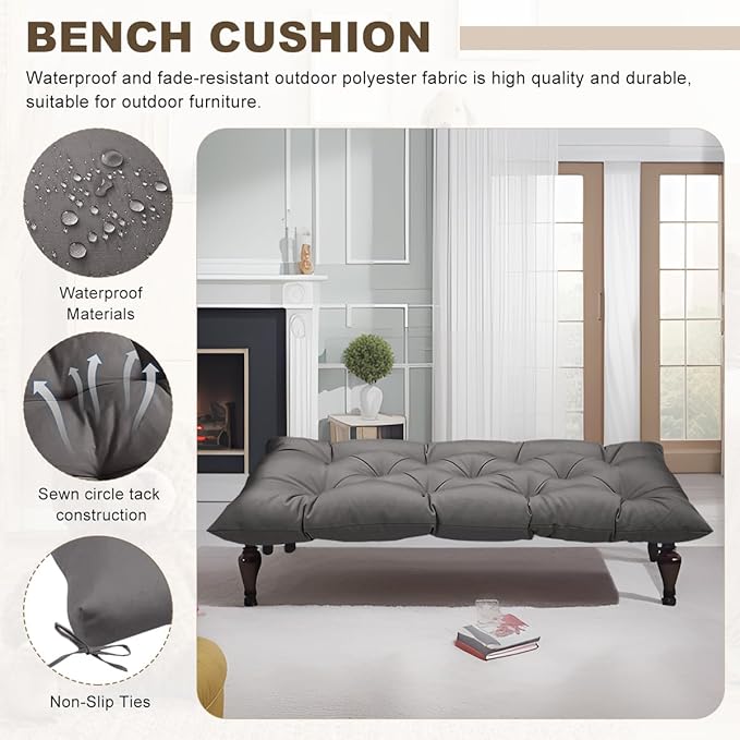 Outdoor Bench Cushion 40inches Waterproof & Fade Resistant Patio Furniture Cushions Tufted Fresh Porch Swing Lounger Loveseat Pads with Straps(Dark grey-40x20in)