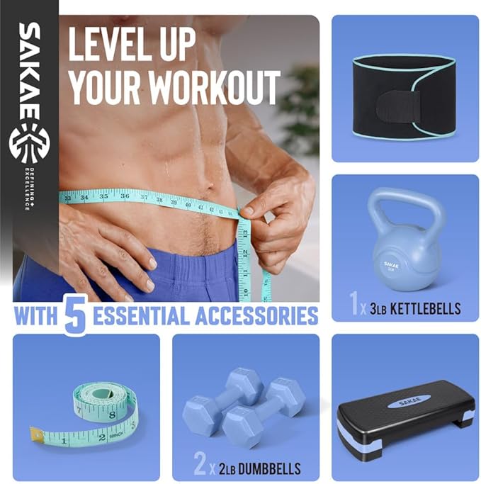 Adjustable Height Aerobic Stepper Set, Multiple Bundle Options with Dumbbells, Kettlebell, Waist Trimmer, Ankle Weights or Weighted Vest, Workout Exercise Step Platform w/Level Risers, 4 Colors