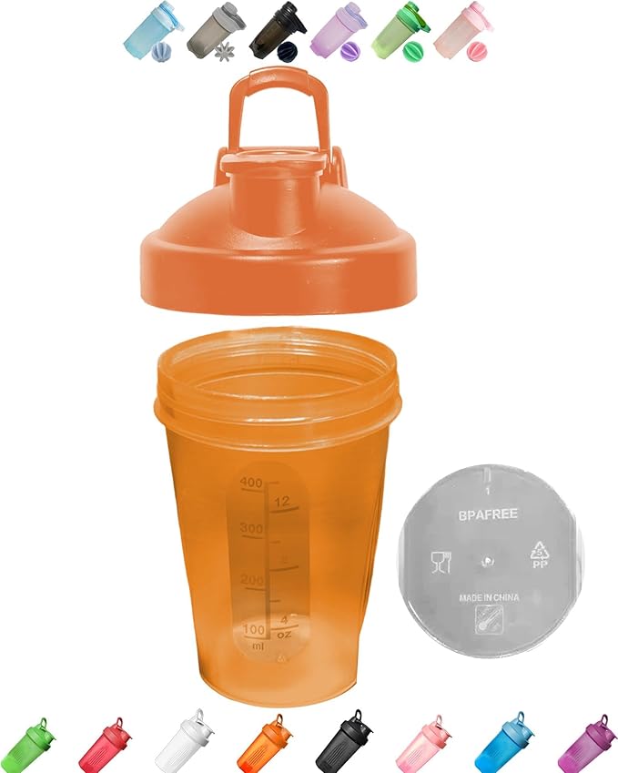 Shaker Bottle in Dark Orange(Other Color-Style Available) - A Small Cup Printed Scale Marks of 12 OZ & 400 ML,Stainless Whisk Ball,Leak Proof,BPA Free,Made of PP5,Dishwasher Safe,Easy to Clean