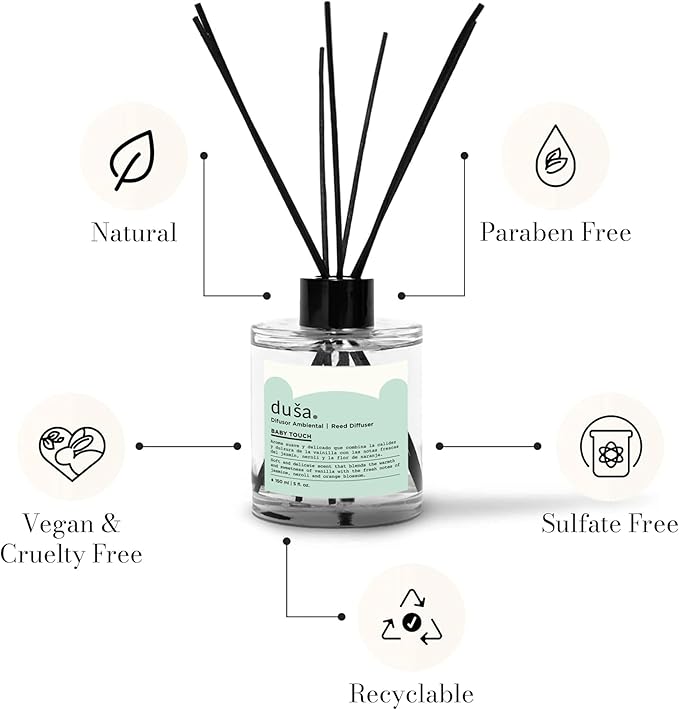 Duša Babies Reed Diffuser & Sticks - 5 Fl Oz Essential Home Fragrance Decor for Bathroom, Office & Living Spaces –Stylish & Long-Lasting Room Air Freshener -Ideal for Housewarming & Special Occasions