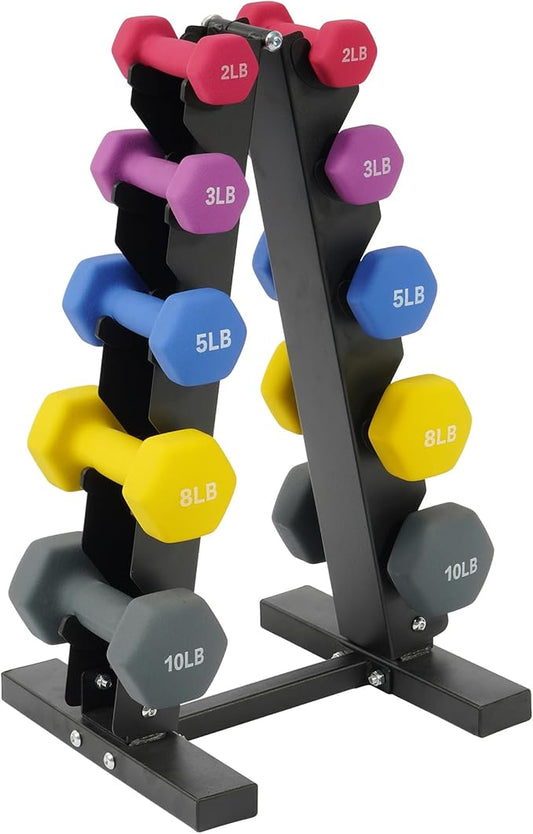 Colored Neoprene Dumbbell Set with Rack, Multiple Weight Options, 20LBS, 32LBS, 50LBS and 56LBS Sets