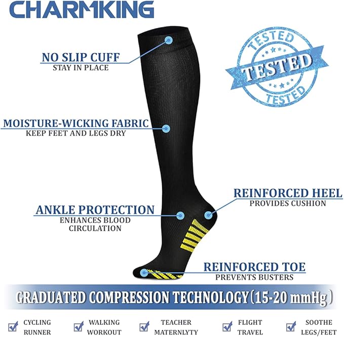 CHARMKING Compression Socks for Women & Men Circulation (8 Pairs) 15-20 mmHg is Best Support for Athletic Running,Hiking