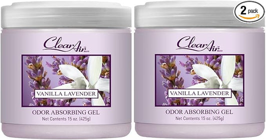 Clear Air Odor Absorber Gel - 15 oz, Pack of 2 - Air Freshener Absorbs and Eliminates Odors in Bathrooms, Cars, Boats, RVs and Pet Areas - Made with Essential Oils - Lavender Vanilla Scent