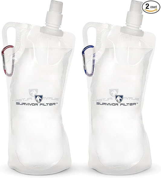 Survivor Filter Collapsible Water Bottles, Canteens (32oz) 2 Pack (2L Total) - Durable Carabiners and Handles. Squeeze Water through a Filter or Use as Water Bottles