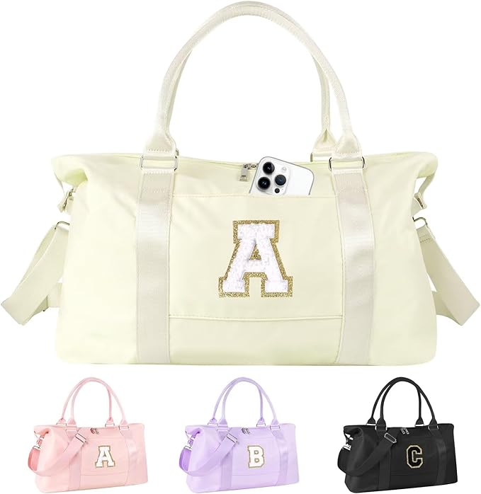 Dance Gym Duffel Bag for Teen Girls, Personalized Initial Travel Weekender Bag,Cute Overnight Carry On Duffle for Women,Sports Travel Cheer Bag,Monogram Christmas Gifts for Tween Preppy(beige-A)