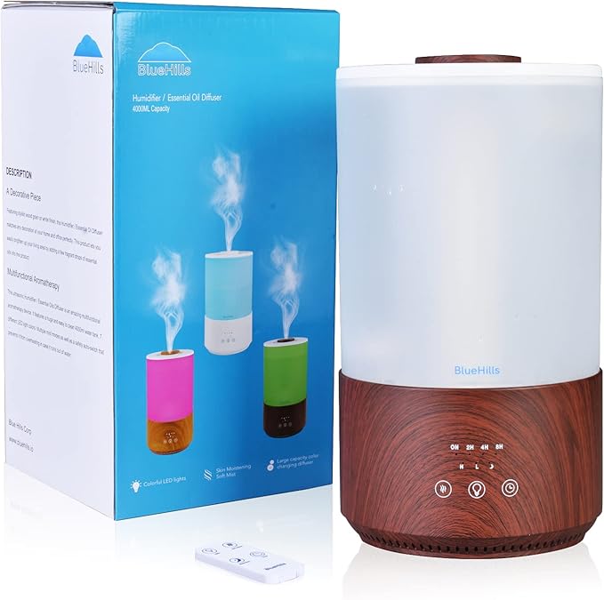 BlueHills Premium 4000 ml Tall Essential Oil Diffuser 4L 4 Liter 50 Hour Run with Remote Timer Aroma Humidifier 1 Gallon Big Capacity High Mist Output for Large Room Lights Dark Wood Grain XL T402