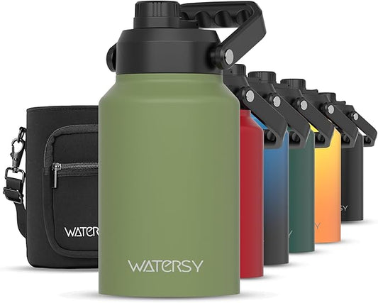 Half Gallon Water Bottle Insulated(Cold for 48 Hrs),BPA Free&Leak Proof,64oz Stainless Steel Water Jug/Flask,Big thermo,Large Water Bottle with Handle for Gym,Hiking,Camping,Olive Green