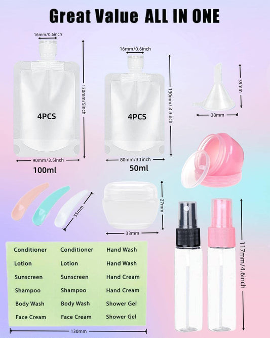 17 Pack Travel Pouches for Toiletries,TSA Approved,Travel Size Portable Containers,Stand Up Pouch,Refillable Travel Accessories for Shampoo Conditioner Lotion Soap Liquids (C-17pcs)