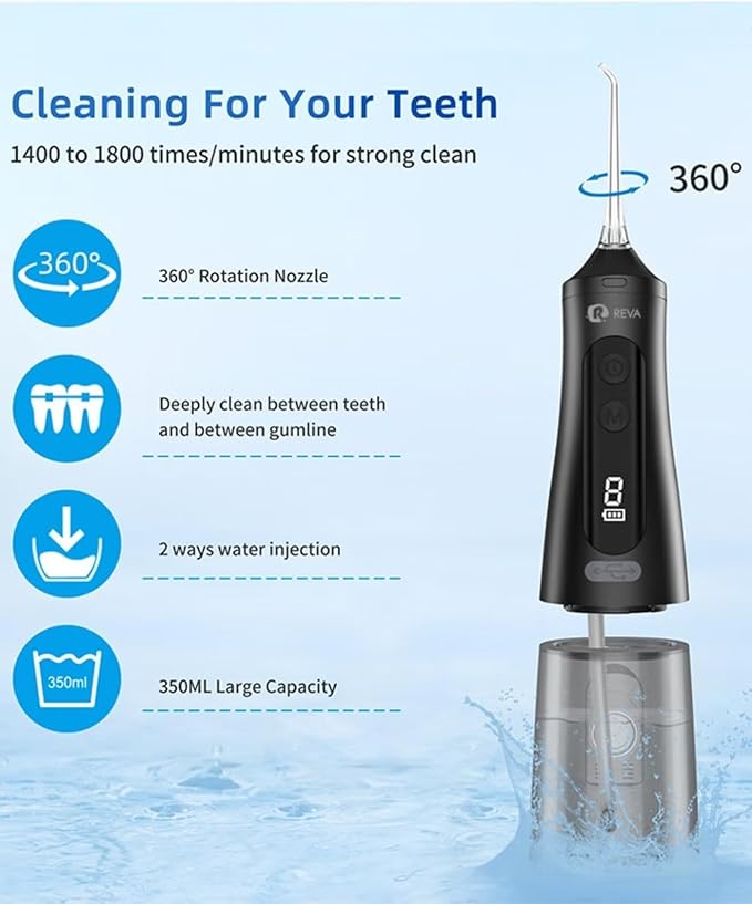 Reva Professional Water Dental Flosser for Teeth & Braces - 9 Modes Cordless Oral Irrigator, 350ML Large Reservoir, 360° Nozzle, IPX7 Waterproof, Rechargeable, Dental Floss Tool (M131 - White)