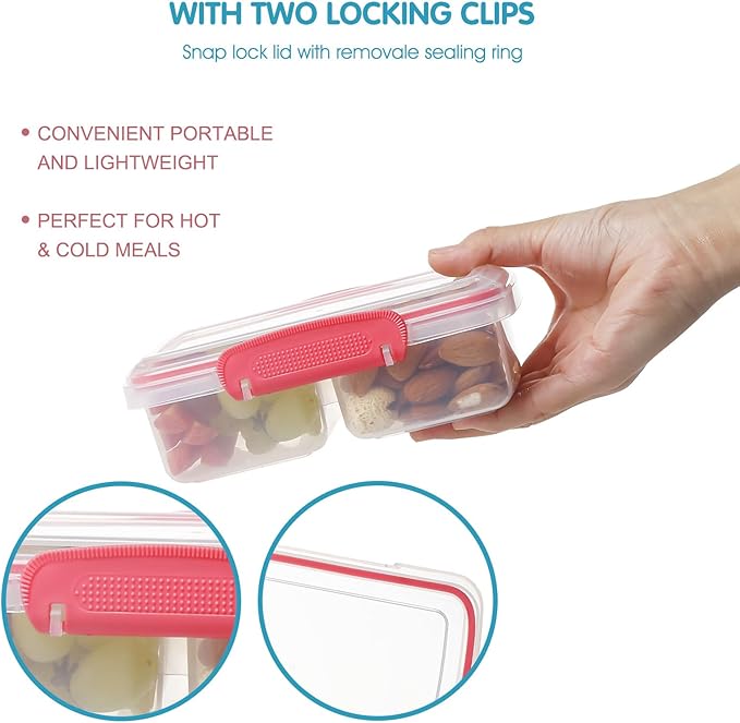 4 Pack Plastic Snack Containers with Lids, 2 Compartment Food Container for Kids Snack Box, Travel Bento Lunch Containers with forks for Fruits/Candies, Divided Food Storage Containers for School