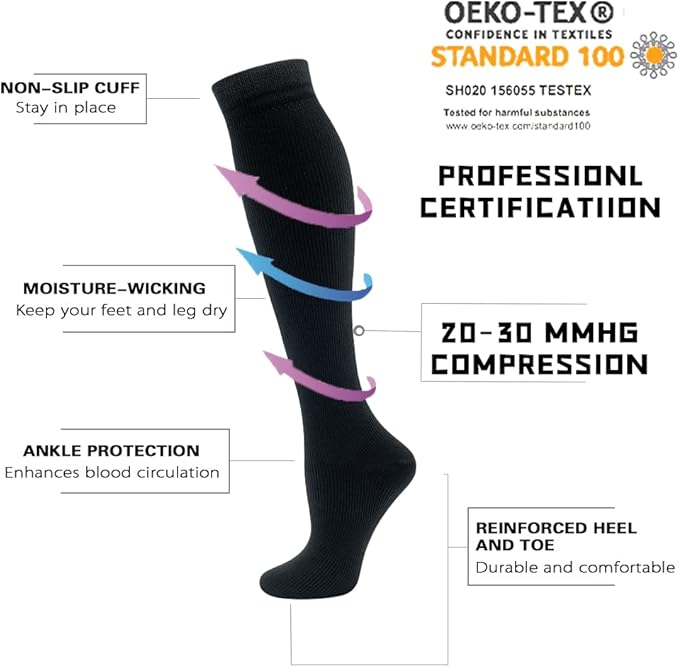 fenglaoda Compression Socks Women Men 6 Pairs, Knee High Best Support Circulation Socks for Running, Travel, Flight, Nurse