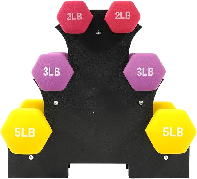 Neoprene Dumbbell Set for Women 2-5 lb | 3 Pairs Hand Weights Set with Rack, Hex Anti-Roll, Color-Coded Home Gym Gifts