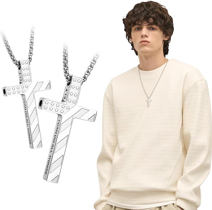 American Flag Cross Breathing Necklace for Women Men Quit Stop Smoking Stainless Steel Inspirational Bible Verse Anxiety Relief Mindfulness Jewelry for Stress Relief Christian Meditation Gift