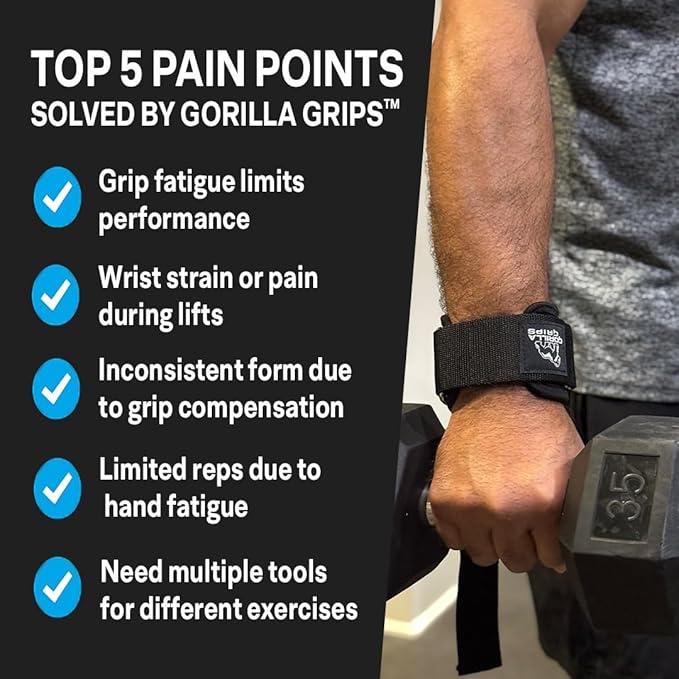 Gorilla Grips wrist wraps for weightlifting men with weight lifting hooks, wrist straps for men and women combining deadlift straps, pull up grips and modular attachments.