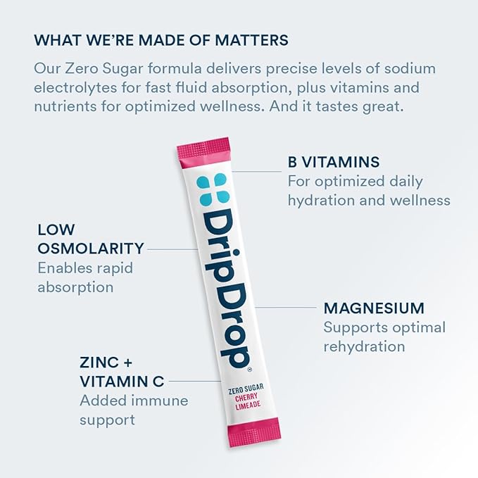 DripDrop Sugar Free Hydration Packets - Zero Citrus Variety Pack - Single Serve Electrolytes Powder Drink Mix - Cherry Limeade, Citrus, Orange, Strawberry Lemonade - Non-GMO, Gluten Free - 16 Sticks