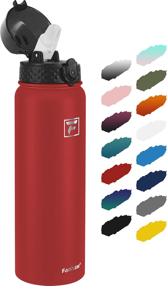 Fanhaw 32 Oz Stainless Steel Insulated Sports Water Bottles with Straw for Kids, Men and Women (Red)