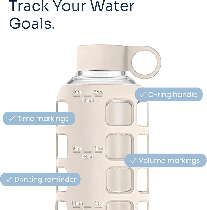 purifyou 40oz / 32oz / 22oz / 12oz Borosilicate Glass Water Bottle with Time & Volume Markers, Silicone Sleeve, Stainless Steel Lid | Reusable Glass Bottle for Water & Juice (22oz Pearled Ivory)