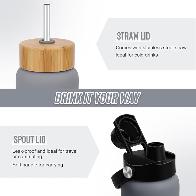 32 oz Glass Water Bottles - 1 Liter Motivational Tumbler Water Bottle Time Marker - Borosilicate Glass Water Bottle With Silicone Sleeve and 2 Lids, Handle Spout & Bamboo Straw Lid