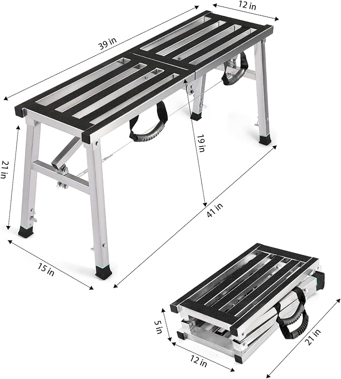 Folding Work Platform 39"(L) x12(W) Height Adjustment 19-27"(H) Portable Steel Step Ladder Stool for Home, Office, Workshop and Garage, Maximum Load 400lbs