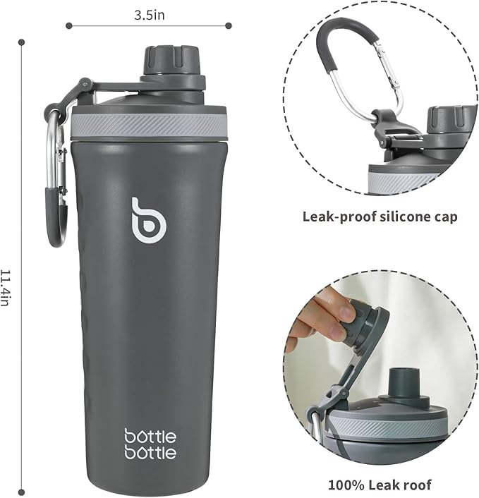 BOTTLE BOTTLE 26 oz Insulated Shaker Bottle Stainless Steel Water Bottle with Wire Whisk, Reusable Protein Shaker Gym Water Cup Grey