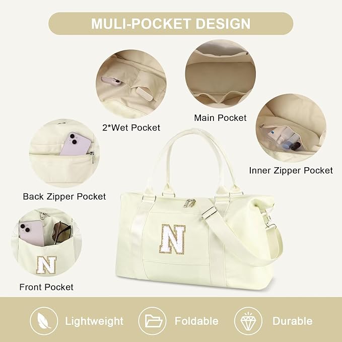 Dance Gym Duffel Bag for Teen Girls, Personalized Initial Travel Weekender Bag,Cute Overnight Carry On Duffle for Women,Sports Travel Cheer Bag,Monogram Christmas Gifts for Tween Preppy(beige-N)