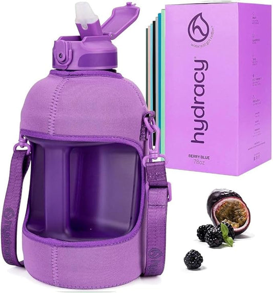 Hydracy Water Bottle with Time Marker -Large BPA Free Water Bottle & No Sweat Sleeve -Leak Proof Gym Bottle with Fruit Infuser Strainer & Times to Drink -Ideal for Fitness Sports & Outdoors