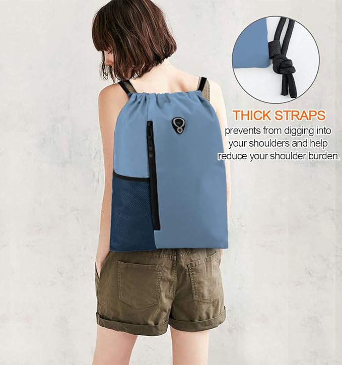 BeeGreen Blue Drawstrings Backpack Gym Sack For Men With Water Bottle Pocket &Front Zippered Pocket Large Sting Bags For WomenTraveling Yoga Beach Outdoor Gym