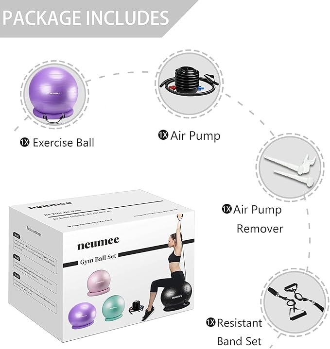 Exercise Ball Chair with Resistance Bands, Yoga Ball Office Chair with Stability Base for Home Gym, Workout Ball for Fitness, Large Size 65 cm