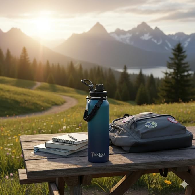 Travel Water Bottle with Carrying Bag, 3 Lids (Spout, Straw, Handle), and Bottle Brush; Leak Proof, Quality, Vacuum Insulated, Stainless Steel (Deep Water, 40 oz)