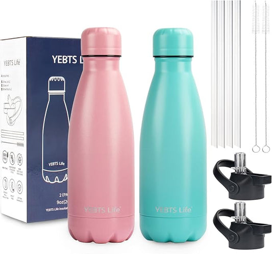 Insulated Water Bottle, 2 Pack-9oz Stainless Steel Water Bottles with straw lid, Metal Sports Water Bottles for Boys,Girls, Double Wall Vacuum BPA-Free Flask for School, Sports (Pink-Green)