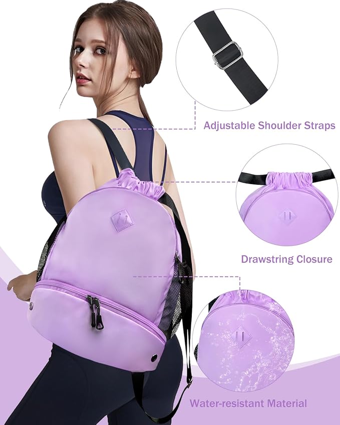 Drawstring Backpack Gym Backpack with Shoe Compartment for Men Women String Sports Bag with Wet Pocket Cinch Swim Beach Bag, Purple (Patent Pending)