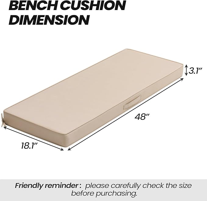 Crestlive Outdoor Bench Cushion 48 x 18 Inch, Waterproof Patio Furniture Cushions, Fade-Resistant Porch Swing Replacement Pad, Adjustable Straps and Handle, Beige